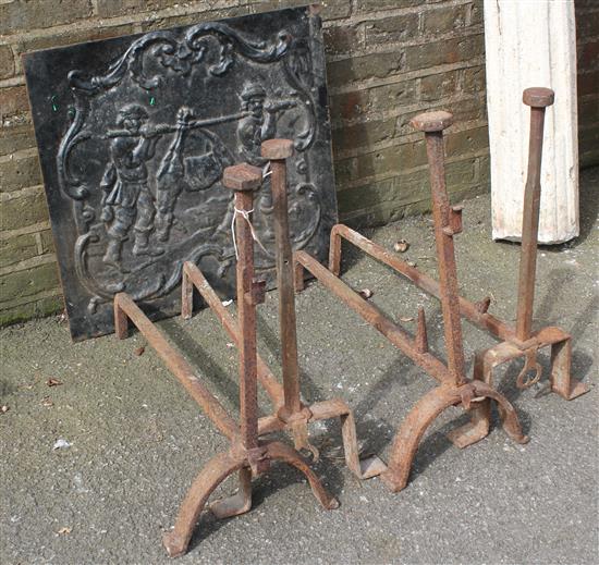Iron fire back & 2 pairs of andirons